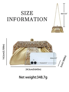 Pochette de soirée dorée avec strass, dimensions et détails de la bandoulière
