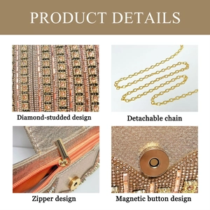 Detail of evening clutch with rhinestones, detachable chain, zipper, and magnetic snap