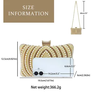 Size specifications for luxury vintage rhinestone clutch bag with pearl details