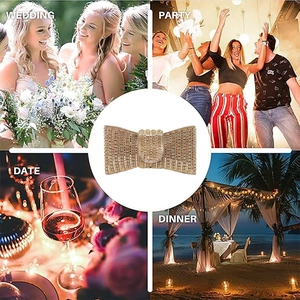 Bow-shaped crystal clutch bag shown across wedding, party, and dinner social scenes
