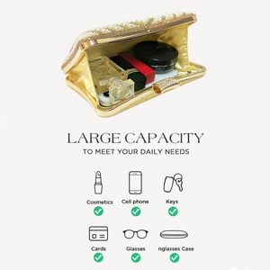Detailed interior of vintage gold evening clutch bag filled with cosmetics and essentials