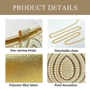 Detailed close-up of pearl bead patterns and polyester fabric texture on a gold clutch bag