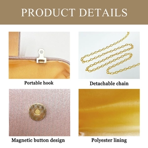 Détails de la pochette dorée avec boucle magnétique, chaîne en métal et doublure jaune