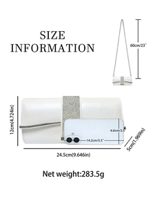 White evening clutch bag with rhinestone detail and silver chain size specifications