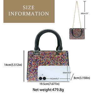 Detailed size guide of a glittering evening rhinestone handbag with chain strap