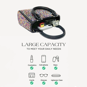 Detail of colorful rhinestone evening bag showing capacity for phone and cosmetics