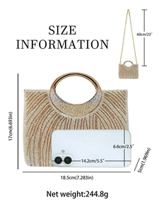 Funkelnde Strass-Abendtasche mit Rundgriff und Tabelle zur Größeninformation