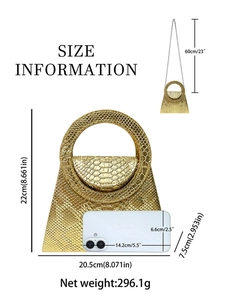Golden snake skin pattern triangle handbag with dimensions and sizing information