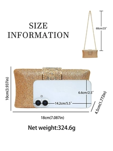Elegant gold sequin evening bag with chain showing dimensions and smartphone for scale