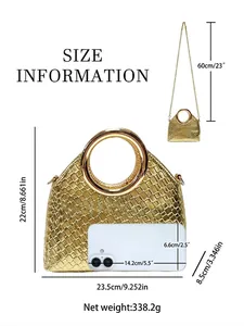 Gold woven texture evening handbag with circular metal handle and size details chart
