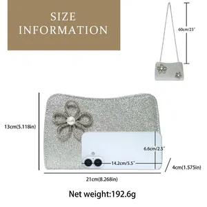Size guide for evening clutch bag showing dimensions 21x13x4cm and 60cm chain strap