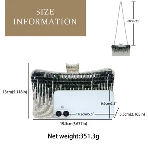 Detailed size chart for rhinestone evening bag with height width and strap length dimensions