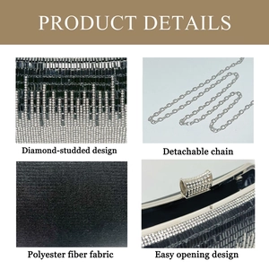 Detailed views of the rhinestone clutch showing the crystal fabric and detachable chain