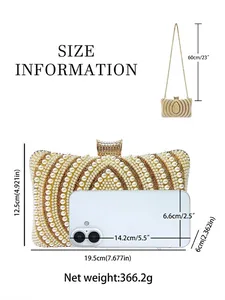 Elegant pearl evening clutch bag with gold rhinestone clasp and sizing reference