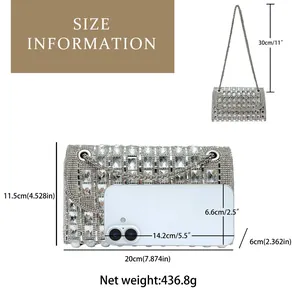 Detailed size chart for rhinestone evening clutch with dimensions and mobile comparison
