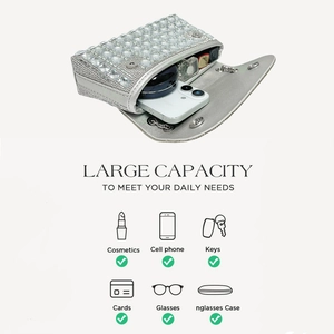 Silver rhinestone evening clutch bag with flap magnetic closure and spacious interior