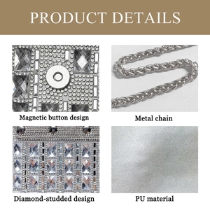Macro view of diamond-studded PU surface and silver metal chain with magnetic button
