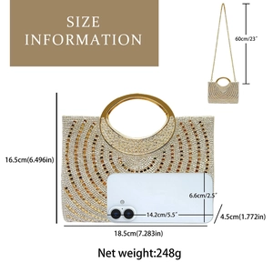 Size chart showing dimensions and weight of the sparkly rhinestone evening clutch bag