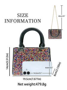 Fashion colorful rhinestone evening handbag with chain strap and size dimensions display