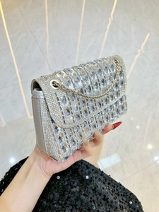 Sparkling silver rhinestone evening clutch bag with metal chain for elegant social events
