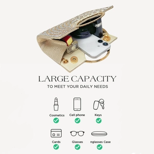 Spacious champagne gold evening clutch showing capacity for phone, lipstick and perfume