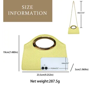 Size guide for the woven handbag showing dimensions 23.5x19x5cm and strap drop length