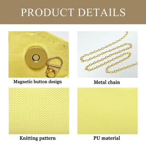Detail view of yellow PU woven handbag featuring a magnetic snap and gold chain strap