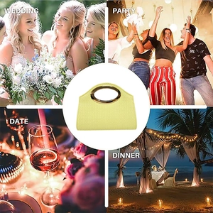 Pale yellow woven clutch with gold metal ring handle for wedding, party and dinner use
