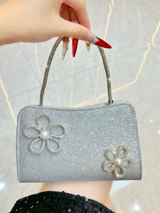 Women Elegant Evening Clutch Bag Glitter Sequin With Rhinestone Artificial Pearl Flower Metal Chain For Wedding Party