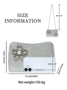 Silver glitter evening clutch bag with pearl floral detail and size info, 21x13x4 cm