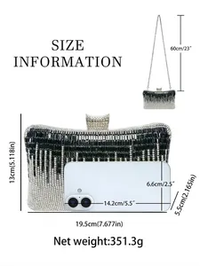 Sparkling rhinestone evening clutch bag size chart with phone comparison and chain details