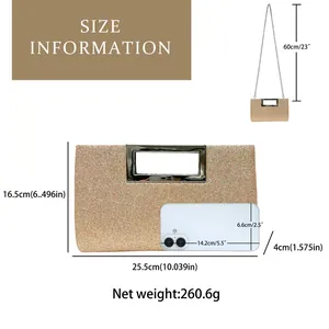 Size chart for champagne glitter evening clutch with precise dimensions and mobile phone comparison