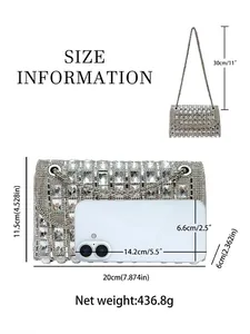 Silver rhinestone evening clutch size guide with 20cm width and metal chain strap