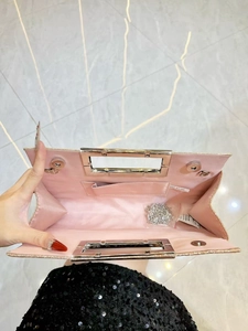 Sparkly pink glitter evening clutch bag for women with silver chain strap and satin lining