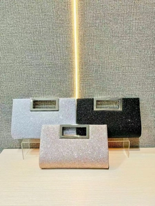 Sparkly sequin evening clutch bags with metal handles in silver, black and rose gold