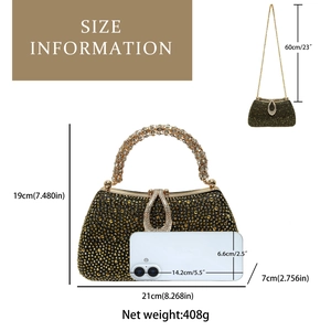 Detailed size specifications for rhinestone evening bag showing dimensions and chain length