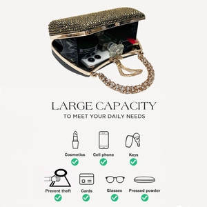 Detailed interior view of a rhinestone evening bag showing large storage capacity