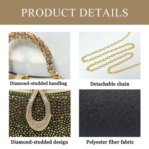 Close-up of luxury black evening bag featuring sparkling rhinestones and a gold handle
