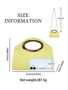 Pale yellow woven clutch bag with gold handle and chain, size and weight specifications