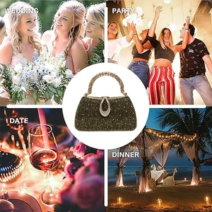 Luxury rhinestone evening bag shown in various settings like weddings and formal parties