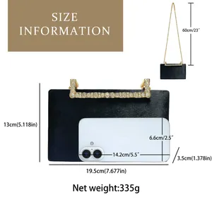 Tableau des tailles pour pochette en velours avec poignée strass, 19,5x13x3,5 cm