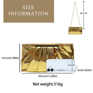 Detailed size guide for pleated evening bag showing 28.5cm length and chain drop specs