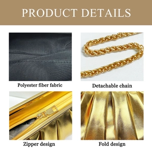 Detail view of gold evening clutch featuring pleat design and detachable chain strap