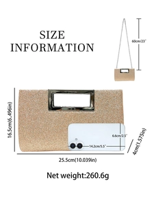 Sparkly champagne evening clutch bag with metal handle and chain strap size guide
