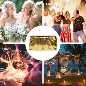 Golden pleated evening clutch shown in wedding, party, and dinner settings with metal closure