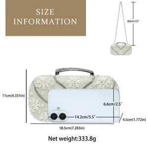 Size information for white pearl clutch bag with detailed height and width dimensions