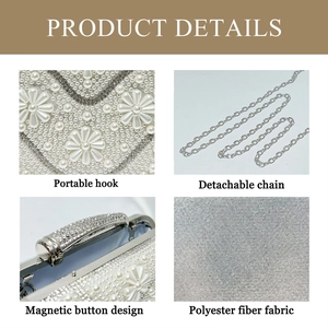 Detail view of pearl floral pattern, rhinestones, and magnetic buckle on evening bag