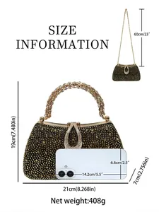 Luxury rhinestone evening bag size chart with gold crossbody chain and dimensions details