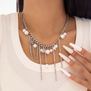 Collana Nappa Cuore Moda Lega Metallo Ferro Con Künstliche Perle Barocche Irregolari Frange Strass Catena Spessa Gioielli