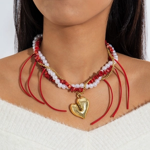 Collana Multistrato Pendente Cuore Perla Artificial Sintetica Ghiaia Rossa Lega Catena Oro Cordino Scamosciato Gioielli Da Donna